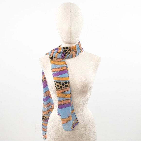 Vintage Scarf 80s 90s OS Silk Chiffon Fashion Graphic Print Blue - Picture 10 of 12